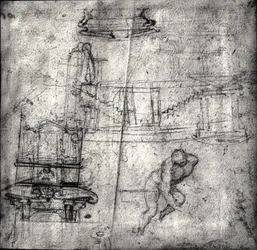 Croquis avec études architecturales et un homme nu